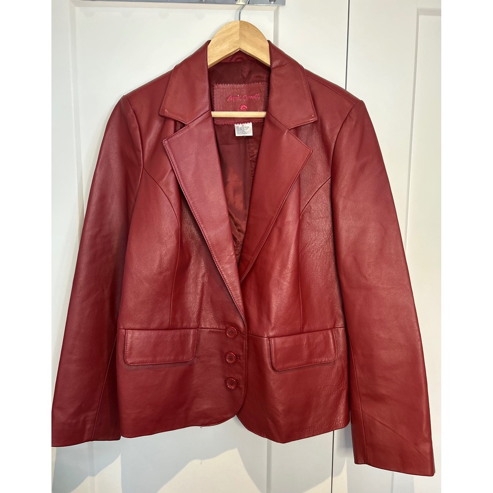 April Cornell Womens Burgundy Red Genuine Leather 3-Button Blazer Jacket Size M